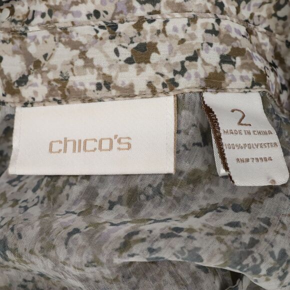 Chicos Top 2 Womens Large 12 Ivory Brown Chiffon Blouse Sheer Pleated Back - Picture 3 of 16